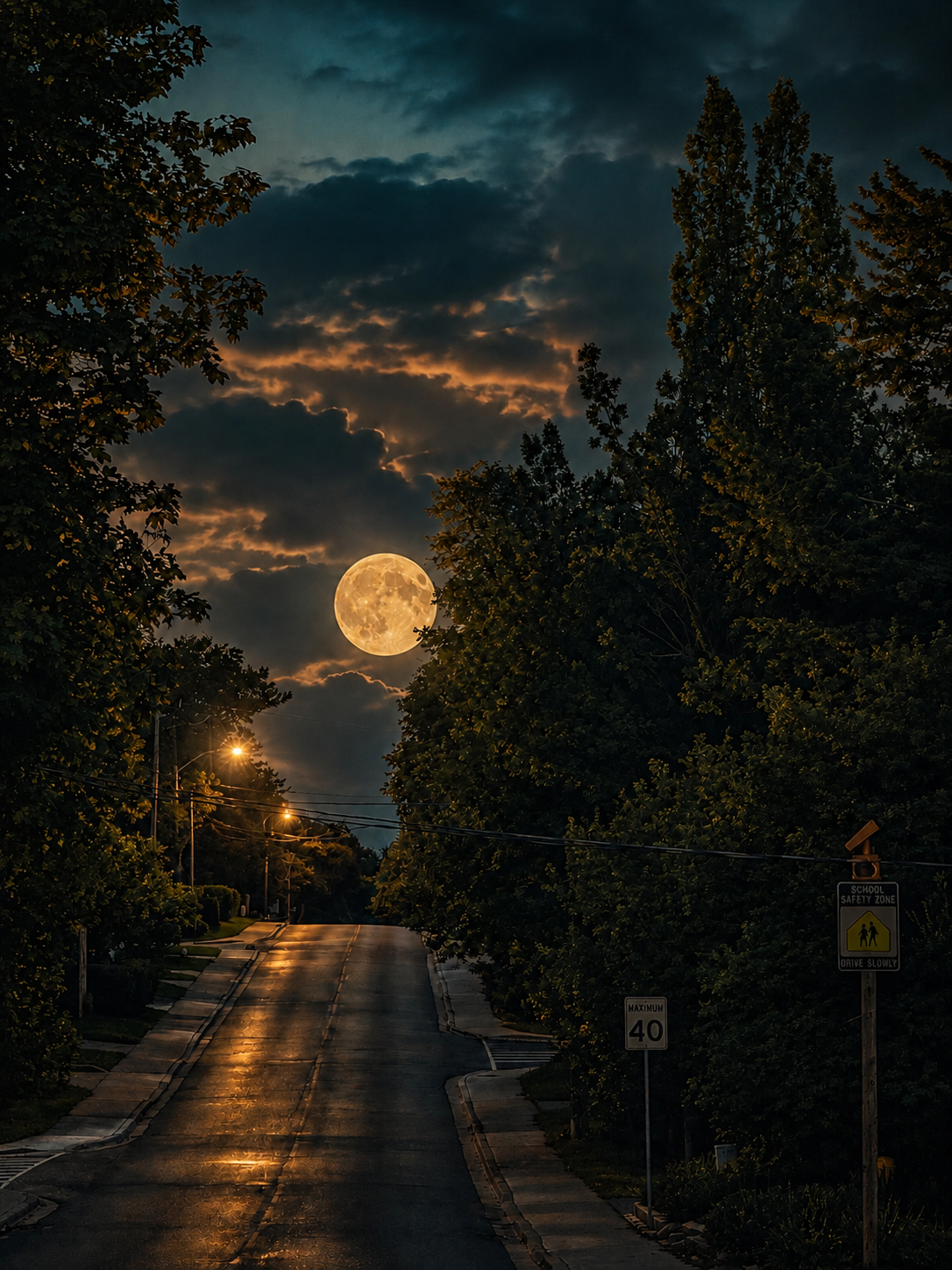Golden full moon above a tree-lined street beneath dramatic clouds